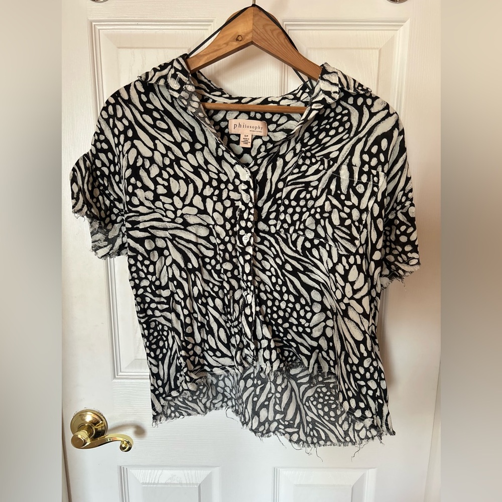 Philosophy Black and White Graphic Button Down Blouse